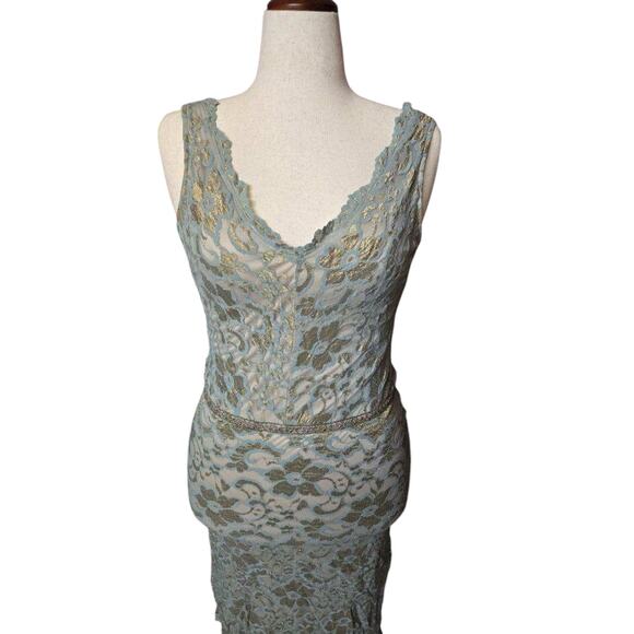 Alexia Admor mini bodycon lace v-neck stretchy blue gold floral dress sz‎ medium - Picture 3 of 7
